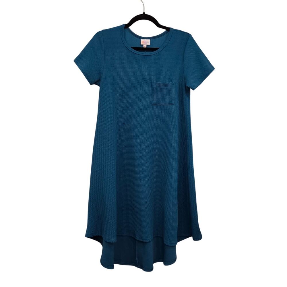 LuLaRoe Carly Dress Blue Teal Short Sleeve High Low Swing Pocket Women Size XS